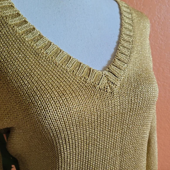 LAUREN Ralph Lauren Gold Metallic V Neck Nautical Sweater 3/4 Sleeve M - Picture 2 of 10